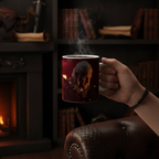Fans Geek Store House of the Dragon ceramic mug featuring Daemon Targaryen, held in a hand by a cozy fireplace.