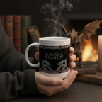 Fans Geek Store House of the Dragon ceramic mug with silver dragon design held in hands with steam rising