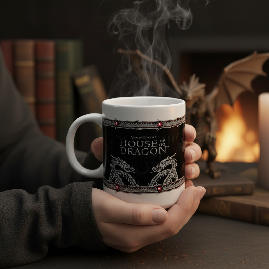 Fans Geek Store House of the Dragon ceramic mug with silver dragon design held in hands with steam rising