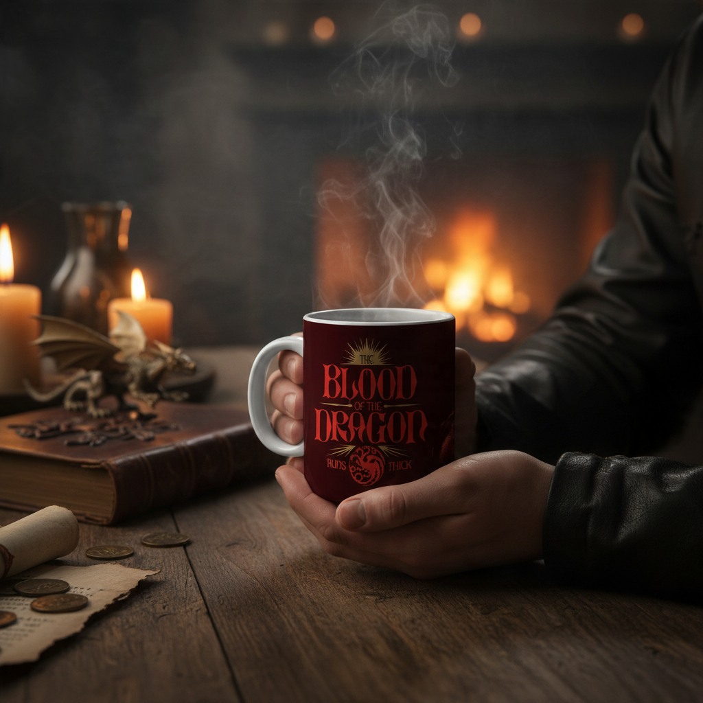 Fans Geek Store House of the Dragon ceramic mug with Blood of the Dragon print held in hands by a fireplace