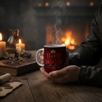 Fans Geek Store House of the Dragon ceramic mug with Blood of the Dragon print held in hands by a fireplace
