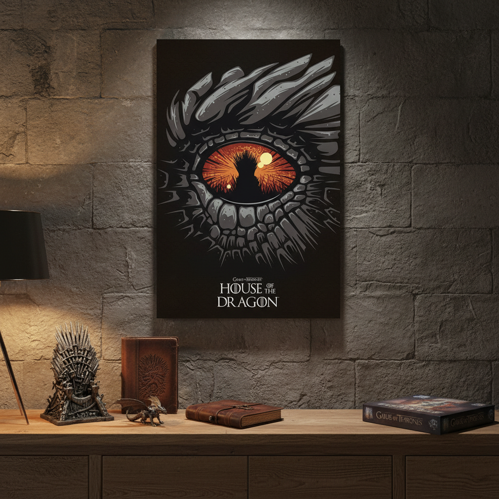 Fans Geek Store House of the Dragon maxi-poster featuring a detailed dragon eye design hanging on a stone wall.