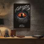 Fans Geek Store House of the Dragon maxi-poster featuring a detailed dragon eye design hanging on a stone wall.