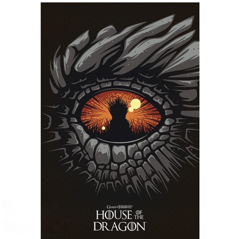 Fans Geek Store House of the Dragon maxi-poster featuring a detailed dragon eye with an Iron Throne reflection