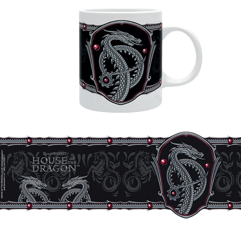 Fans Geek Store House of the Dragon ceramic mug featuring a detailed silver dragon emblem on a black background