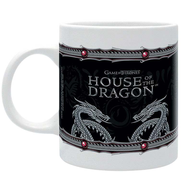 Fans Geek Store House of the Dragon ceramic mug featuring a silver dragon design on a black background