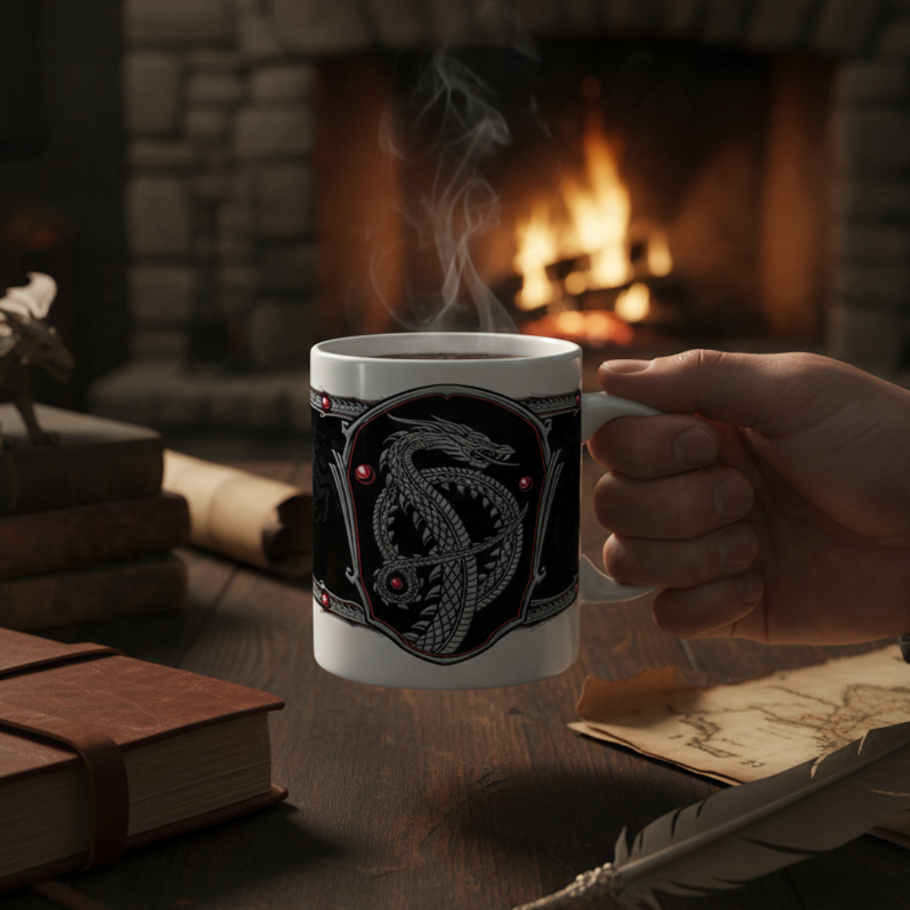 Fans Geek Store House of the Dragon ceramic mug featuring a silver dragon design, held in front of a cozy fireplace.