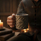Fans Geek Store Game of Thrones House Stark 3D dolomite mug with embossed direwolf emblem held in a rustic setting
