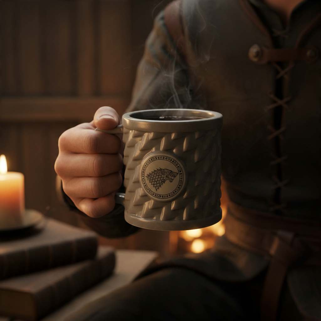 Fans Geek Store Game of Thrones House Stark 3D dolomite mug with embossed direwolf emblem held in a rustic setting