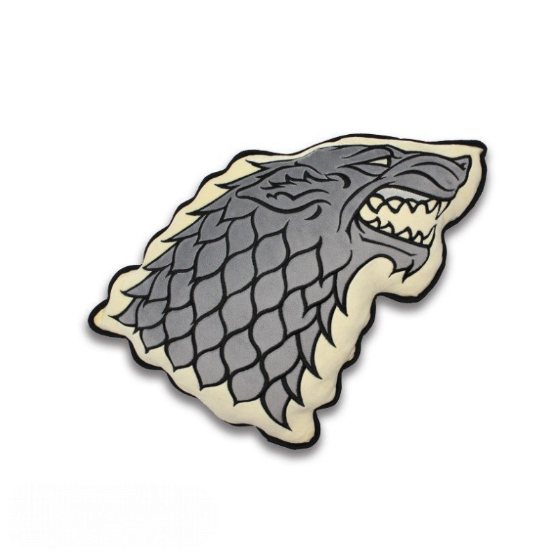 Fans Geek Store Game of Thrones House Stark decorative pillow featuring a grey embroidered direwolf head on velboa