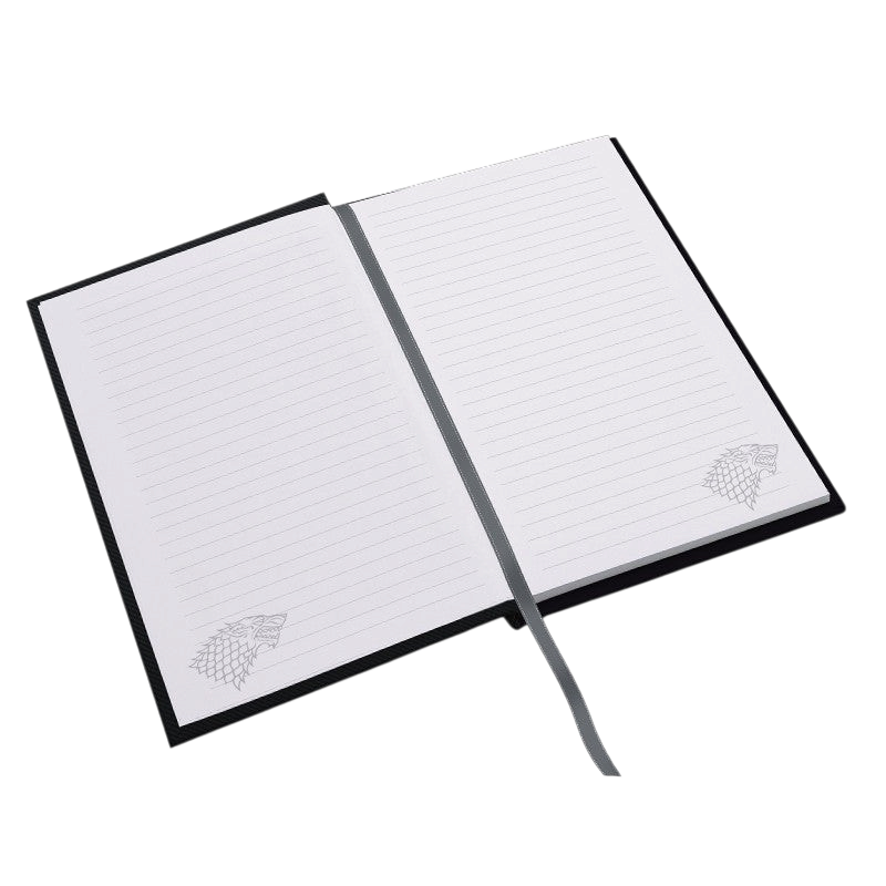 Fans Geek Store Game of Thrones House Stark A5 notebook open with lined pages and wolf sigil prints