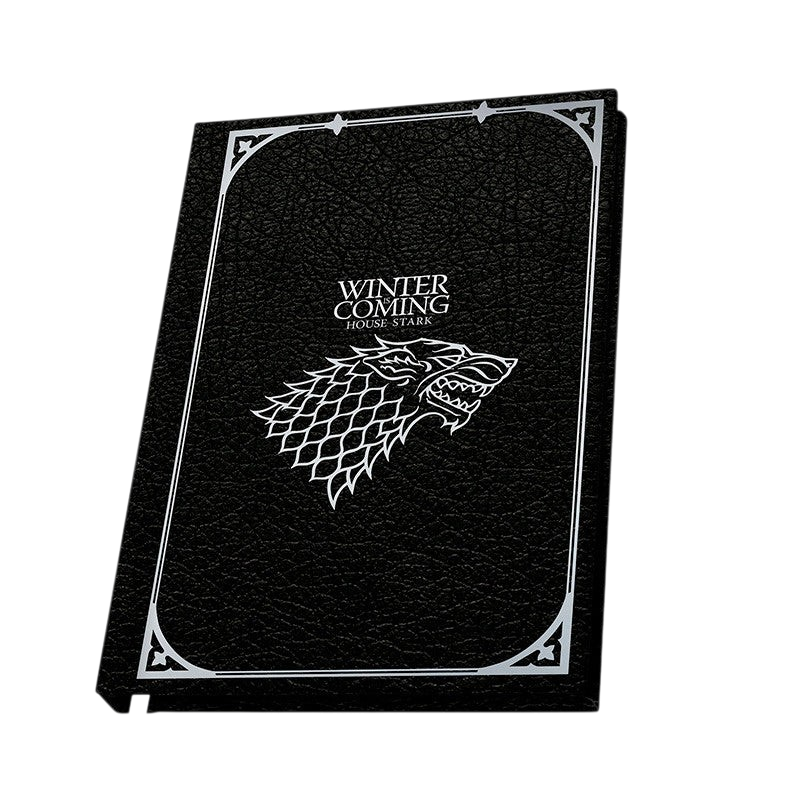Fans Geek Store Game of Thrones House Stark notebook with black textured cover, silver wolf emblem and foil text.