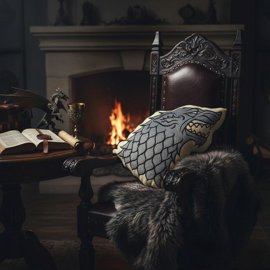 Fans Geek Store Game of Thrones House Stark decorative pillow with grey direwolf embroidery on a leather armchair