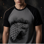 Fans Geek Store Game of Thrones House Stark raglan t-shirt for men in grey and black with a wolf sigil print
