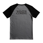 Fans Geek Store Game of Thrones House Stark raglan t-shirt in grey and black with Winter Is Coming back print