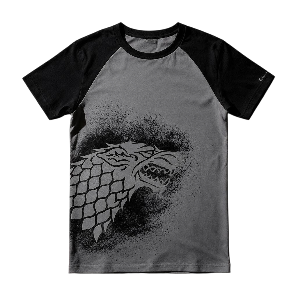 Fans Geek Store Game of Thrones House Stark raglan t-shirt with grey body, black sleeves, and wolf sigil print.