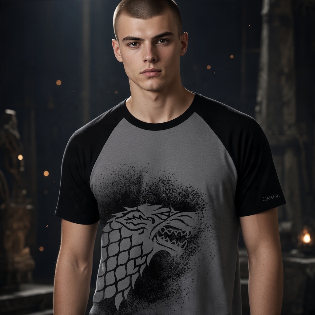 Fans Geek Store Game of Thrones House Stark raglan t-shirt with grey body and black sleeves on a male model