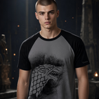 Fans Geek Store Game of Thrones House Stark raglan t-shirt with grey body and black sleeves on a male model