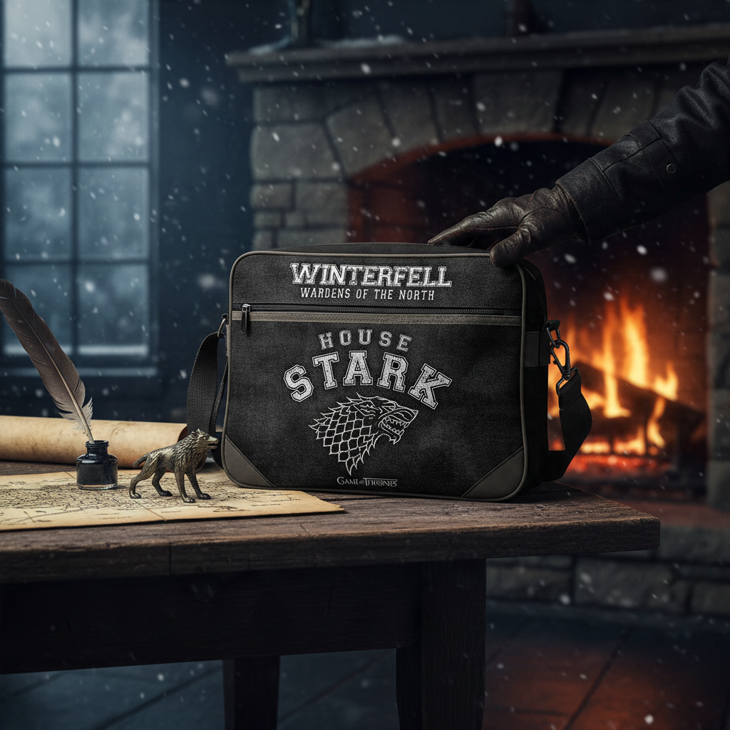 Fans Geek Store Game of Thrones House Stark shoulder bag in black polyurethane with Winterfell logo on a desk