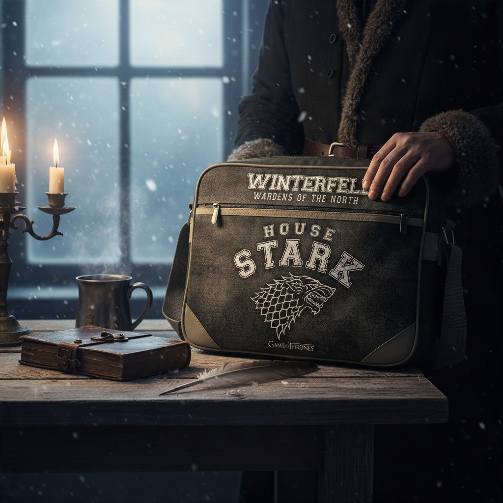 Fans Geek Store Game of Thrones House Stark shoulder bag in dark grey vinyl with Winterfell logo and adjustable strap