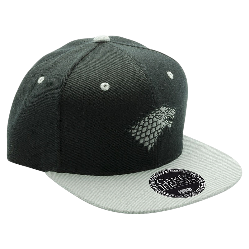 Fans Geek Store Game of Thrones House Stark snapback cap in black and grey with embroidered direwolf emblem
