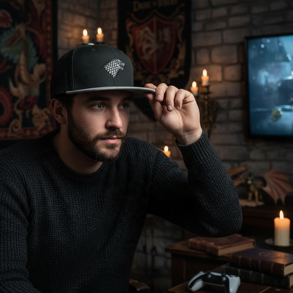 Fans Geek Store Game of Thrones House Stark snapback cap in black and grey with embroidered direwolf emblem