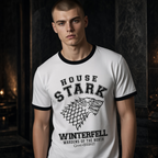 Fans Geek Store white Game of Thrones House Stark cotton ringer t-shirt worn by a man with black trim details