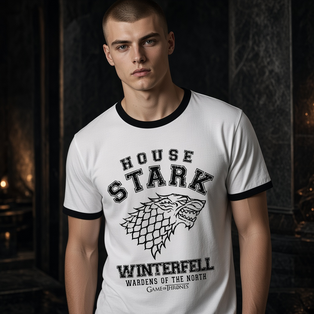 Fans Geek Store white Game of Thrones House Stark cotton ringer t-shirt worn by a man with black trim details
