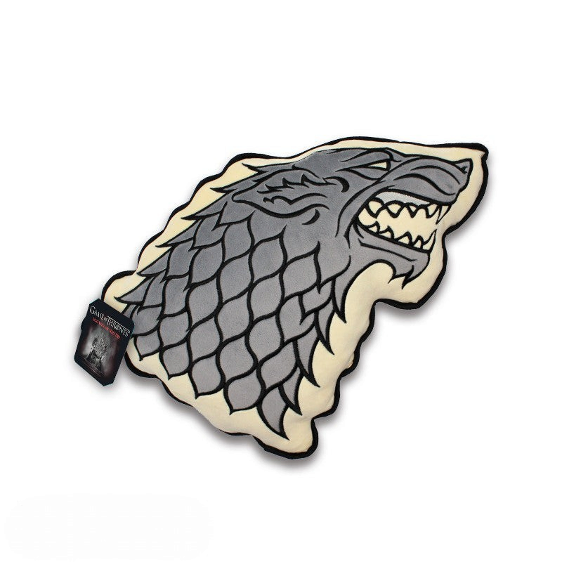 Fans Geek Store Game of Thrones House Stark decorative pillow in soft grey and cream velboa with wolf embroidery