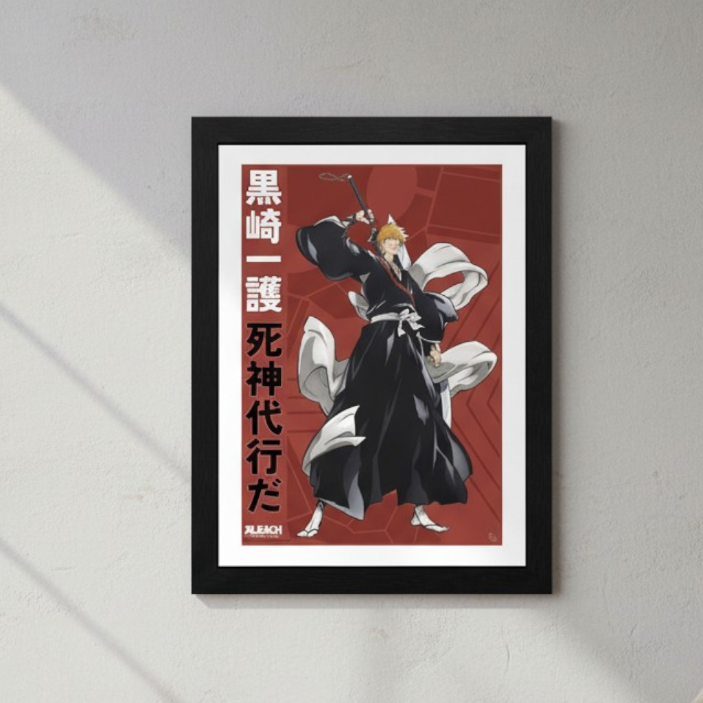 Fans Geek Store framed poster featuring Ichigo Kurosaki from Bleach Thousand-Year Blood War on a red background