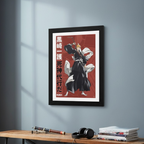Fans Geek Store framed Ichigo Kurosaki poster from Bleach Thousand-Year Blood War hanging on a blue wall