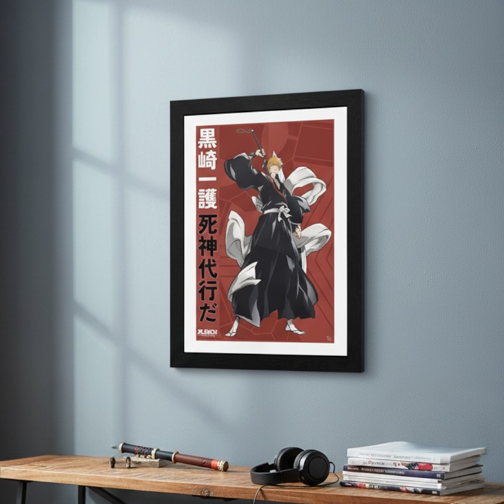 Fans Geek Store framed Ichigo Kurosaki poster from Bleach Thousand-Year Blood War hanging on a blue wall