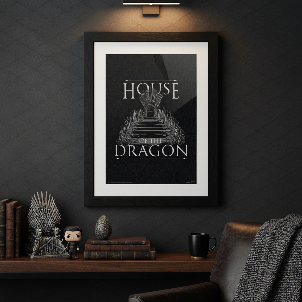 Fans Geek Store framed House of the Dragon Iron Throne poster hanging on a dark wall above a desk with collectibles.