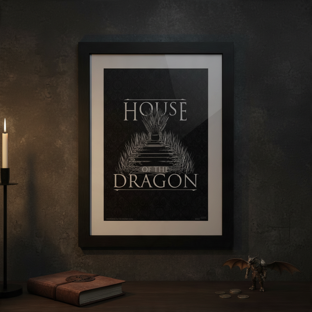 Fans Geek Store House of the Dragon Iron Throne framed poster with black frame on a dark wall with candle and book
