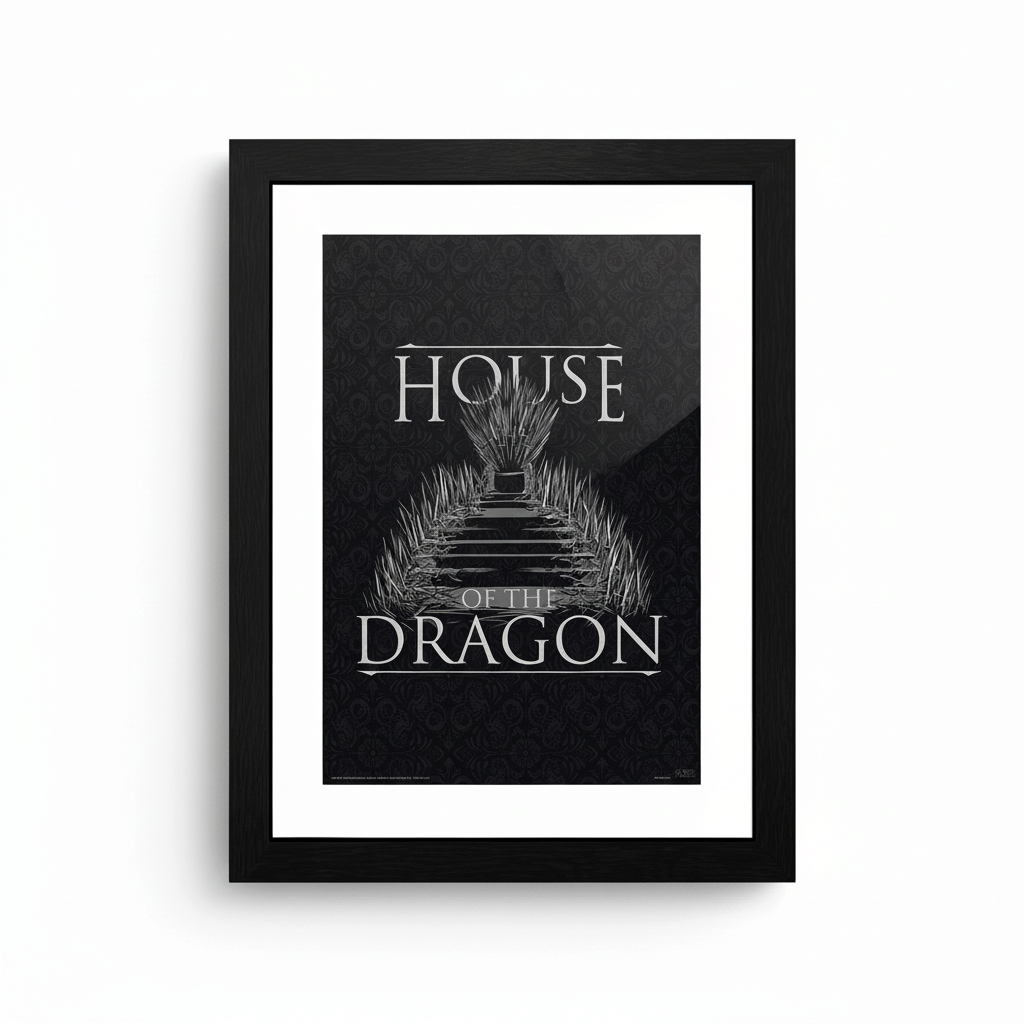 Fans Geek Store House of the Dragon Iron Throne framed poster with a black frame and protective styrene window.