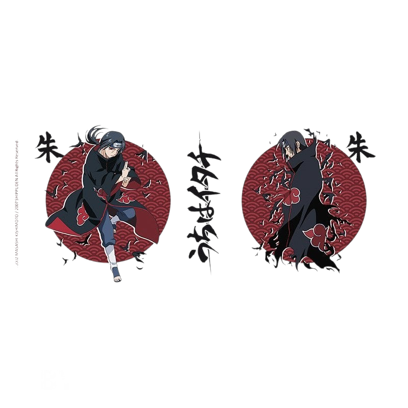 Fans Geek Store Naruto Shippuden ceramic mug featuring Itachi Uchiha with red circular patterns and black crows