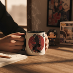 Fans Geek Store ceramic Naruto Shippuden mug featuring Itachi Uchiha, held in hands on a desk with steam rising.