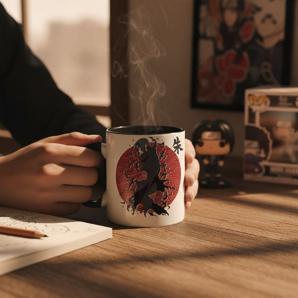 Fans Geek Store ceramic Naruto Shippuden mug featuring Itachi Uchiha, held in hands on a desk with steam rising.