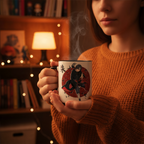Fans Geek Store ceramic Naruto Shippuden mug featuring Itachi Uchiha, held by a person in a cozy orange sweater.