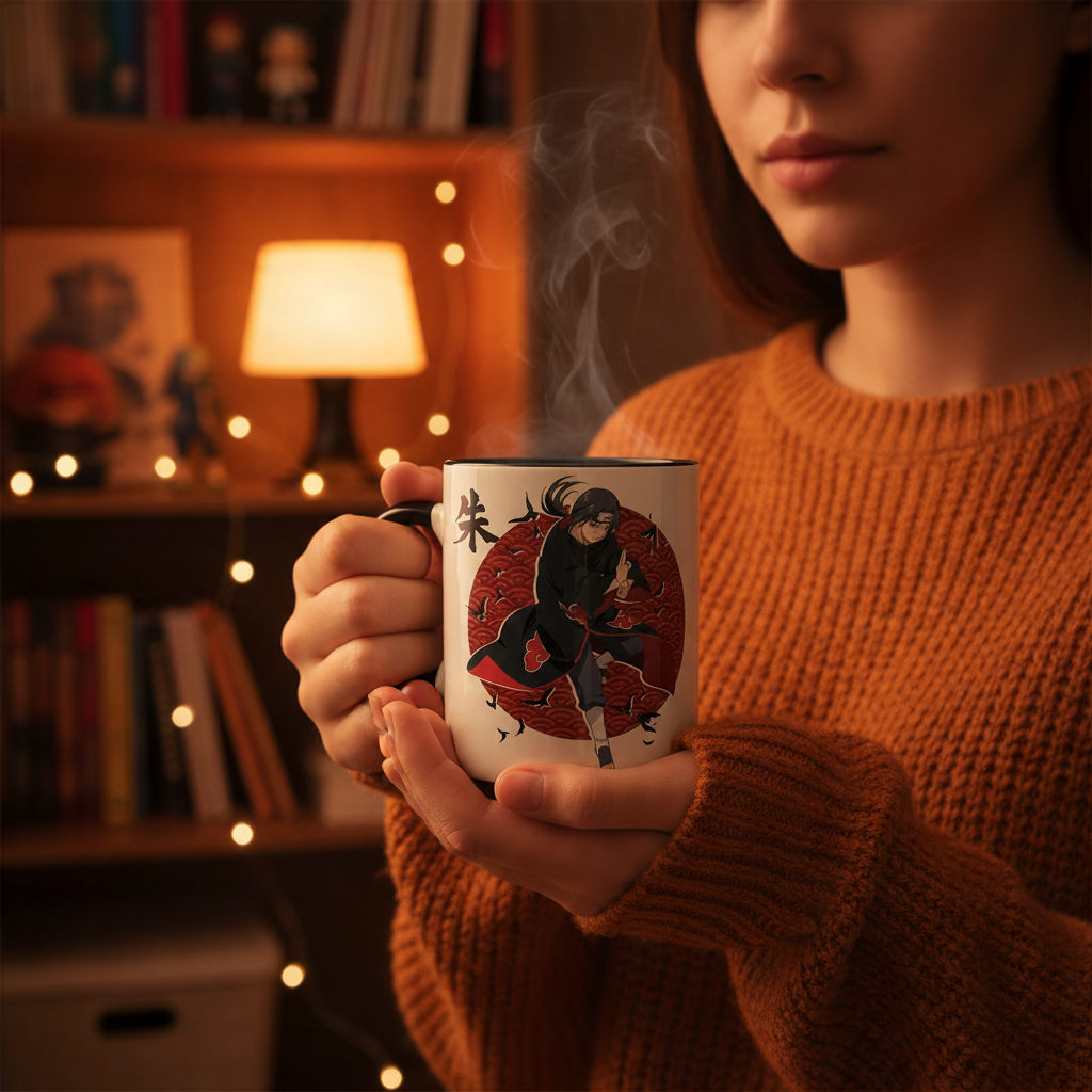 Fans Geek Store ceramic Naruto Shippuden mug featuring Itachi Uchiha, held by a person in a cozy orange sweater.