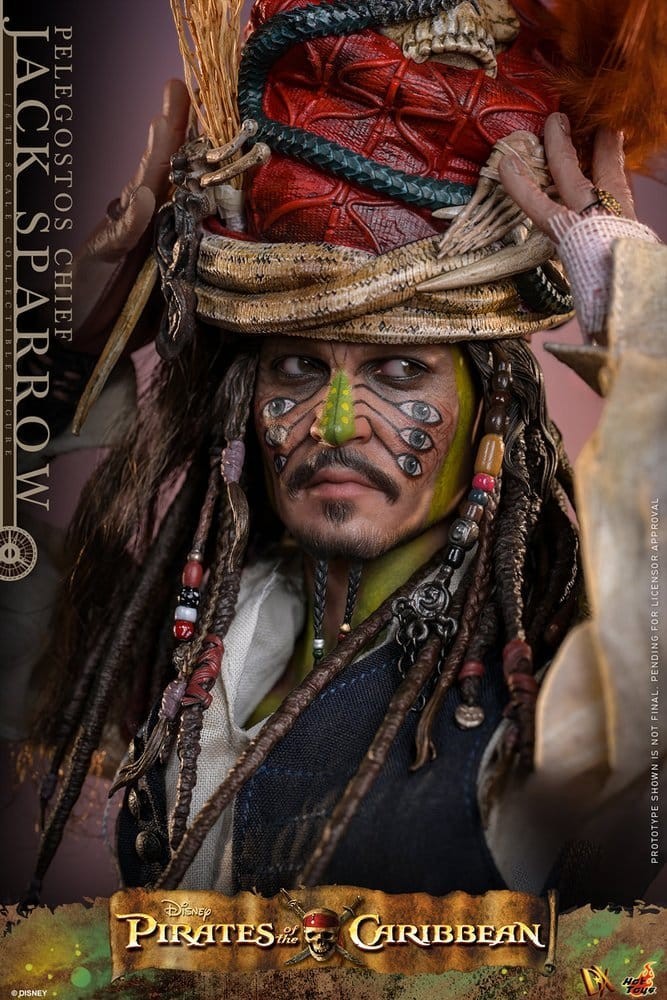 Fans Geek Store Hot Toys Jack Sparrow Pelegostos Chief action figure with tribal face paint and detailed headdress.