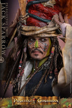 Fans Geek Store Hot Toys Jack Sparrow Pelegostos Chief action figure with tribal face paint and detailed headdress.