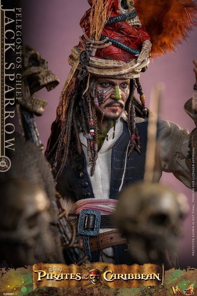 Fans Geek Store Hot Toys Jack Sparrow Pelegostos Chief figure with tribal face paint, ornate headdress, and dreadlocks
