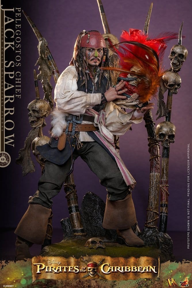 Fans Geek Store Hot Toys Jack Sparrow Pelegostos Chief action figure with tribal headdress and diorama base