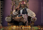 Fans Geek Store 1/6 scale Jack Sparrow action figure from Pirates of the Caribbean with tribal face paint on a throne