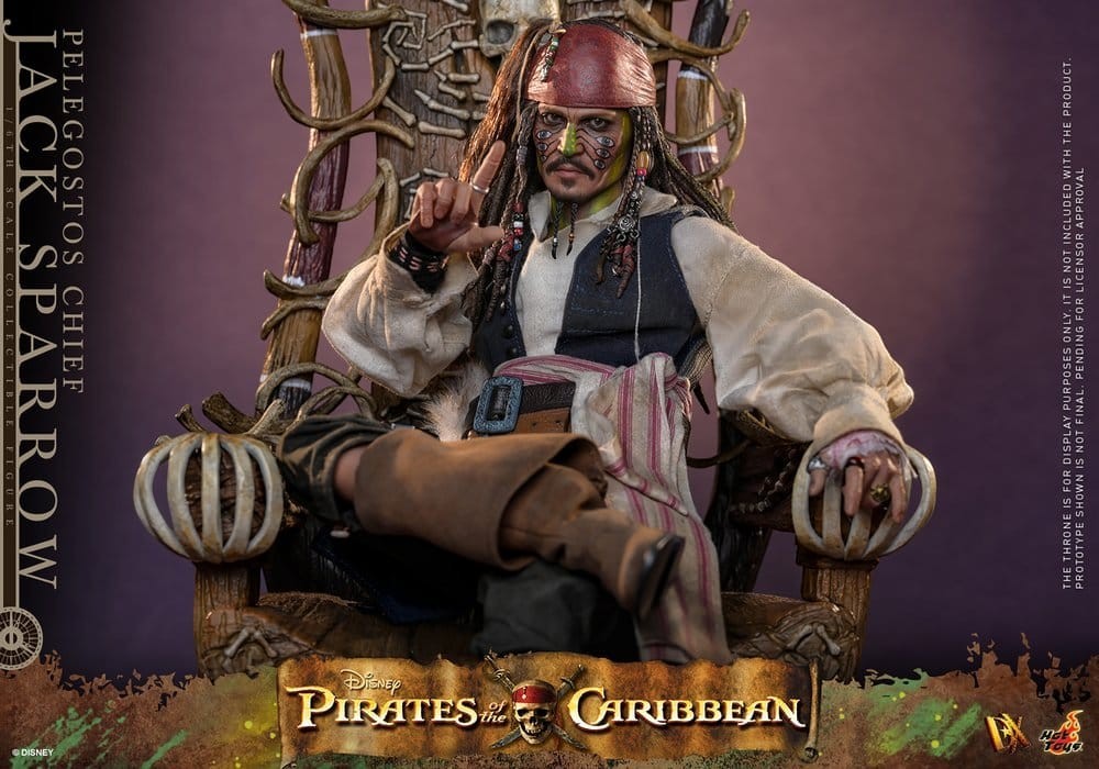 Fans Geek Store 1/6 scale Jack Sparrow action figure from Pirates of the Caribbean with tribal face paint on a throne