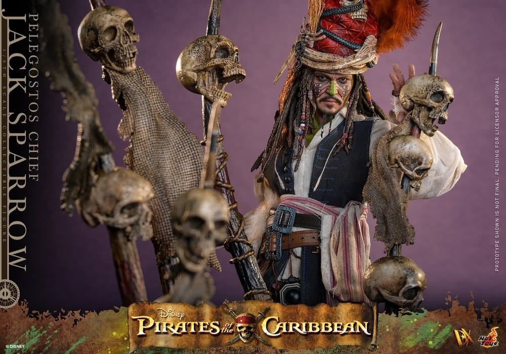 Fans Geek Store Hot Toys Pelegostos Chief Jack Sparrow 1/6 scale figure with tribal paint, headdress, and skull decor.
