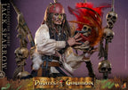Fans Geek Store 1/6 scale Jack Sparrow action figure with tribal face paint, feathered headdress, and skull diorama.