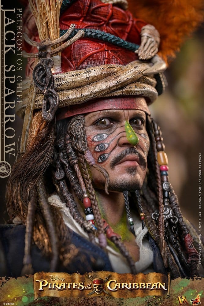 Fans Geek Store Hot Toys Jack Sparrow Pelegostos Chief action figure with tribal face paint and detailed headdress.
