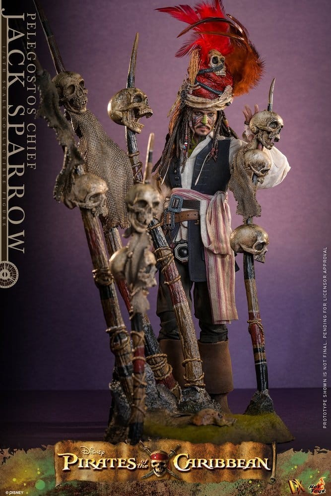 Fans Geek Store Hot Toys Jack Sparrow Pelegostos Chief figure with tribal headdress, skulls, and spears diorama